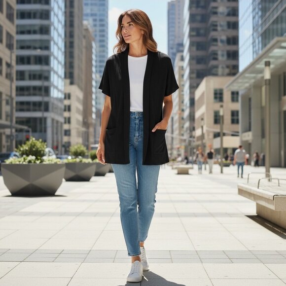 NWT Liz Claiborne Women's Open Front Short Sleeve Black Cardigan Sweater Size M - Picture 10 of 11